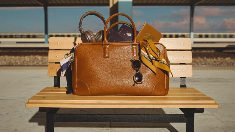 Offene Lederreisetasche auf einer hellen Holzbank am ruhigen Bahnsteig, Zubehör geordnet